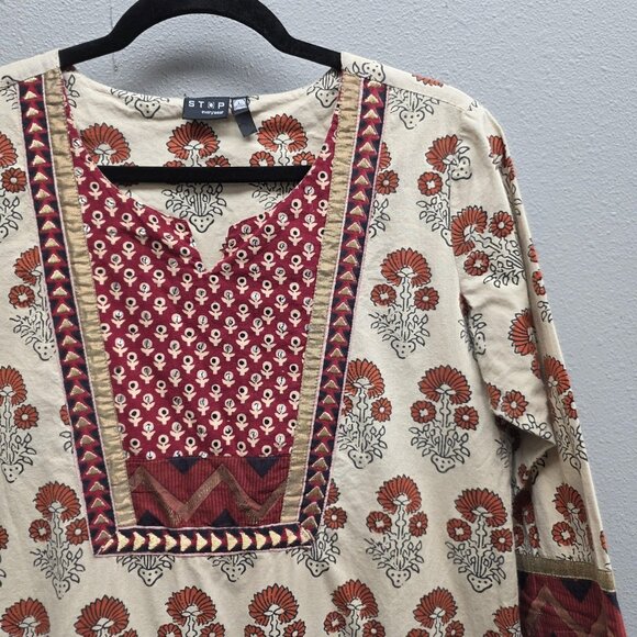 STOP everywear Tunic Shirt Womens Large Cream Red Block Print Kurta Cotton Boho - Picture 2 of 10